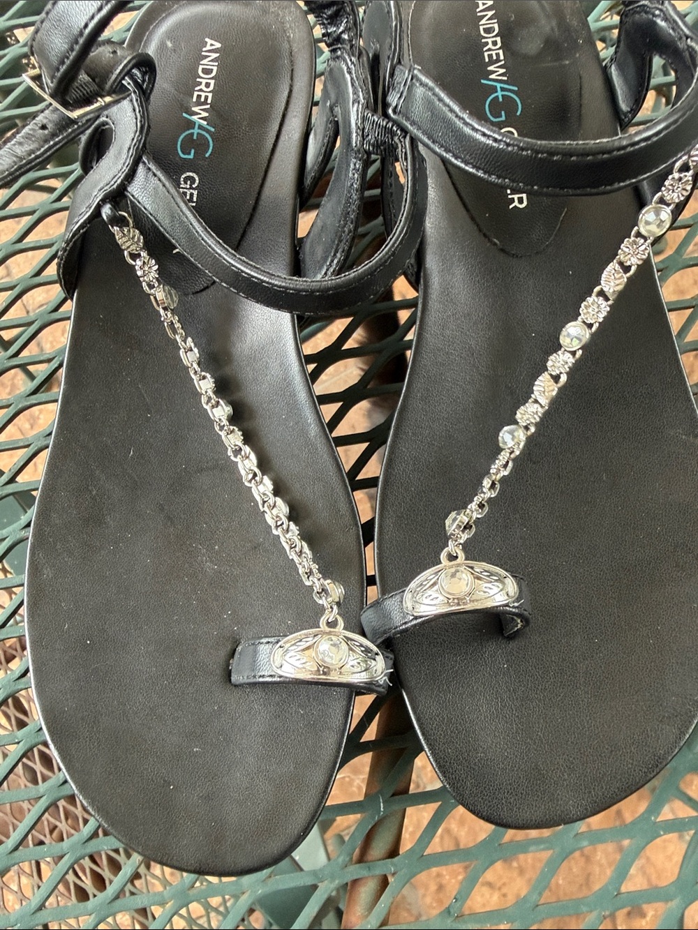 Andrew Geller Black T-Strap Sandals with Silver Rhinestone Chain